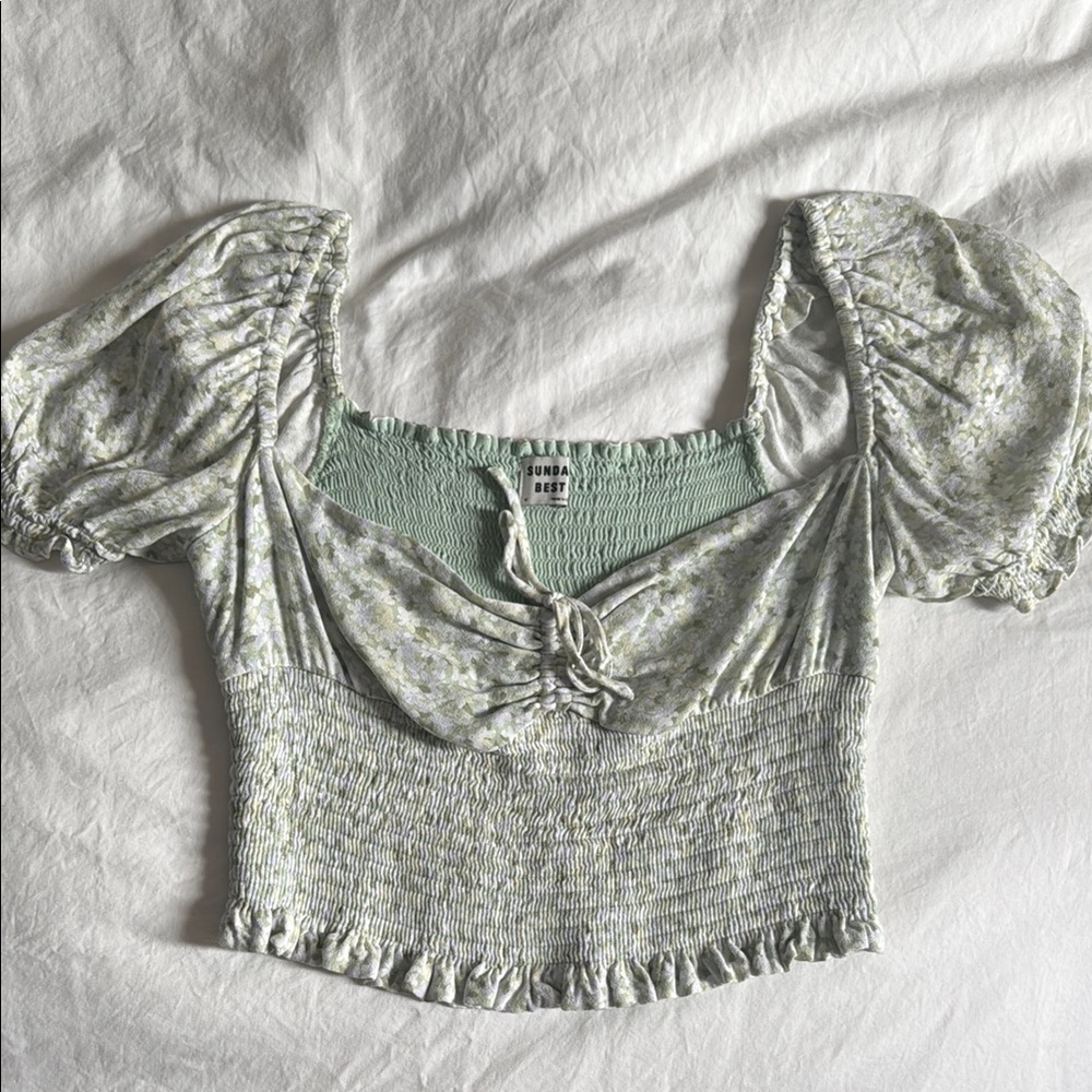 Aritzia Sunday Best Green Floral Smocked Blouse